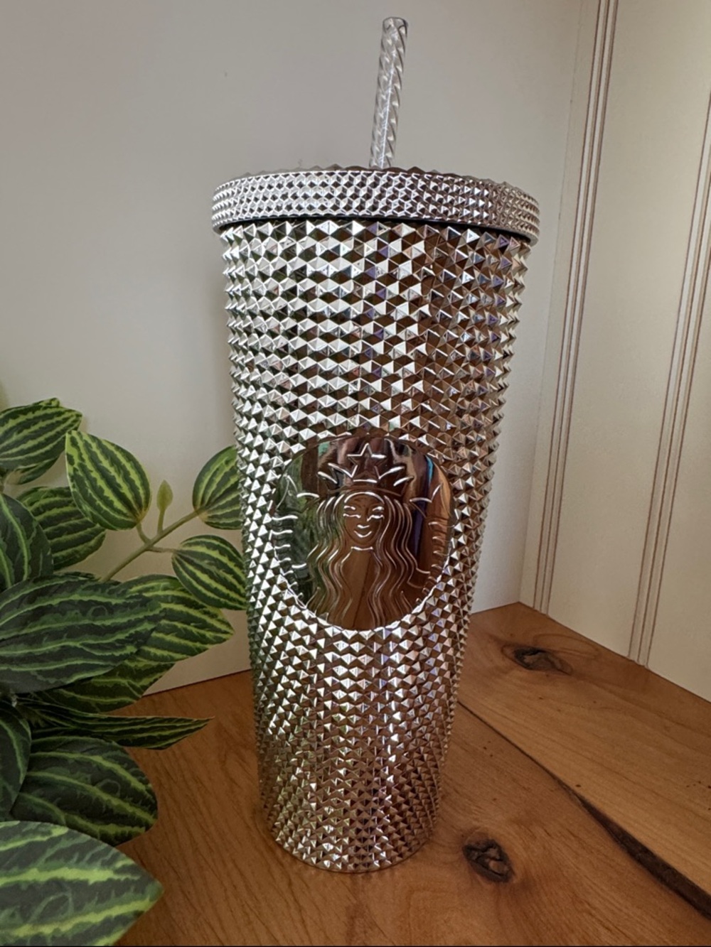 Starbucks Disneyland Metallic Silver Studded Cold Cup with Straw